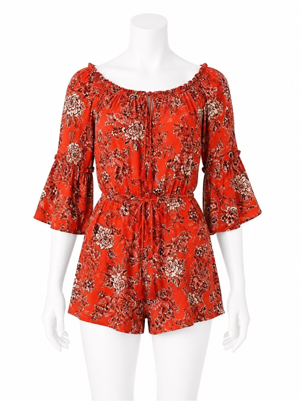 American Eagle AE Boho Floral Off-the-Shoulder Romper Orange Red Bell Sleeve S